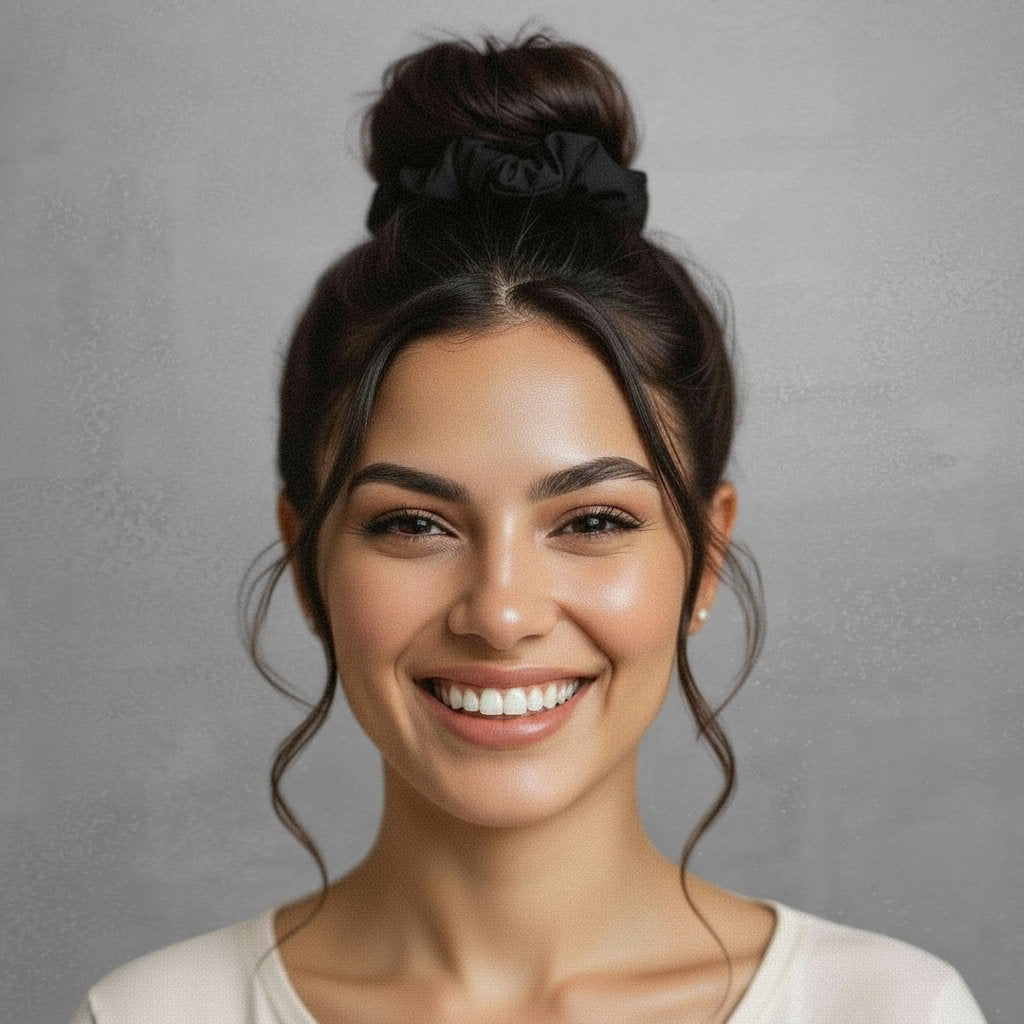 Model Front: Rio De Sol Hair Accessory Nero Scrunchie