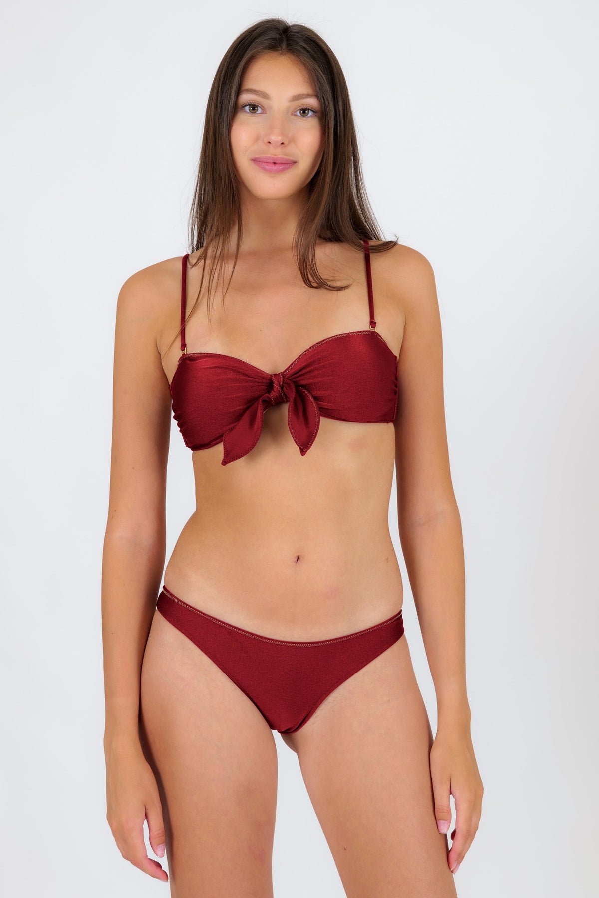 Model Front: Rio De Sol Two Piece Swimwear Set Shimmer-Divino Bandeau-Knot Essential