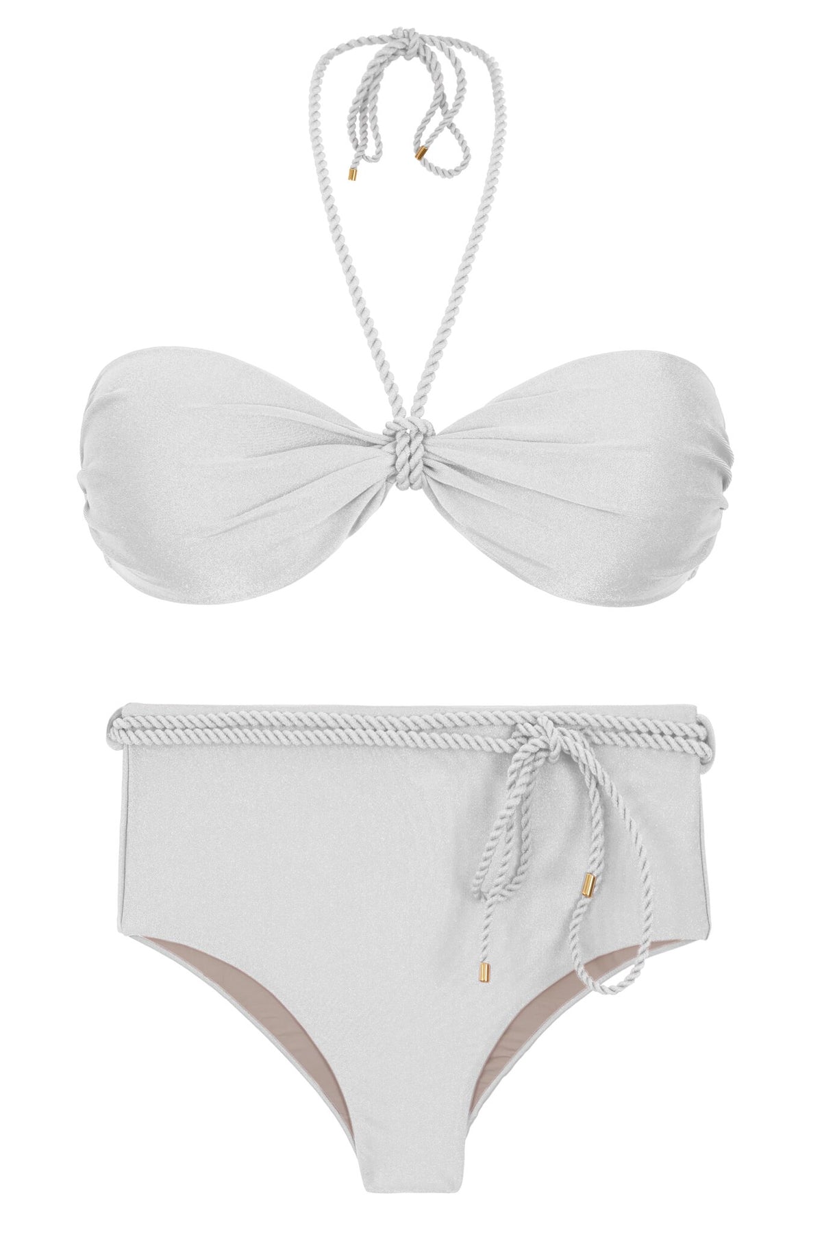 Product Front: Rio De Sol Two Piece Swimwear Set Shimmer-White Twist Belted-High-Waist