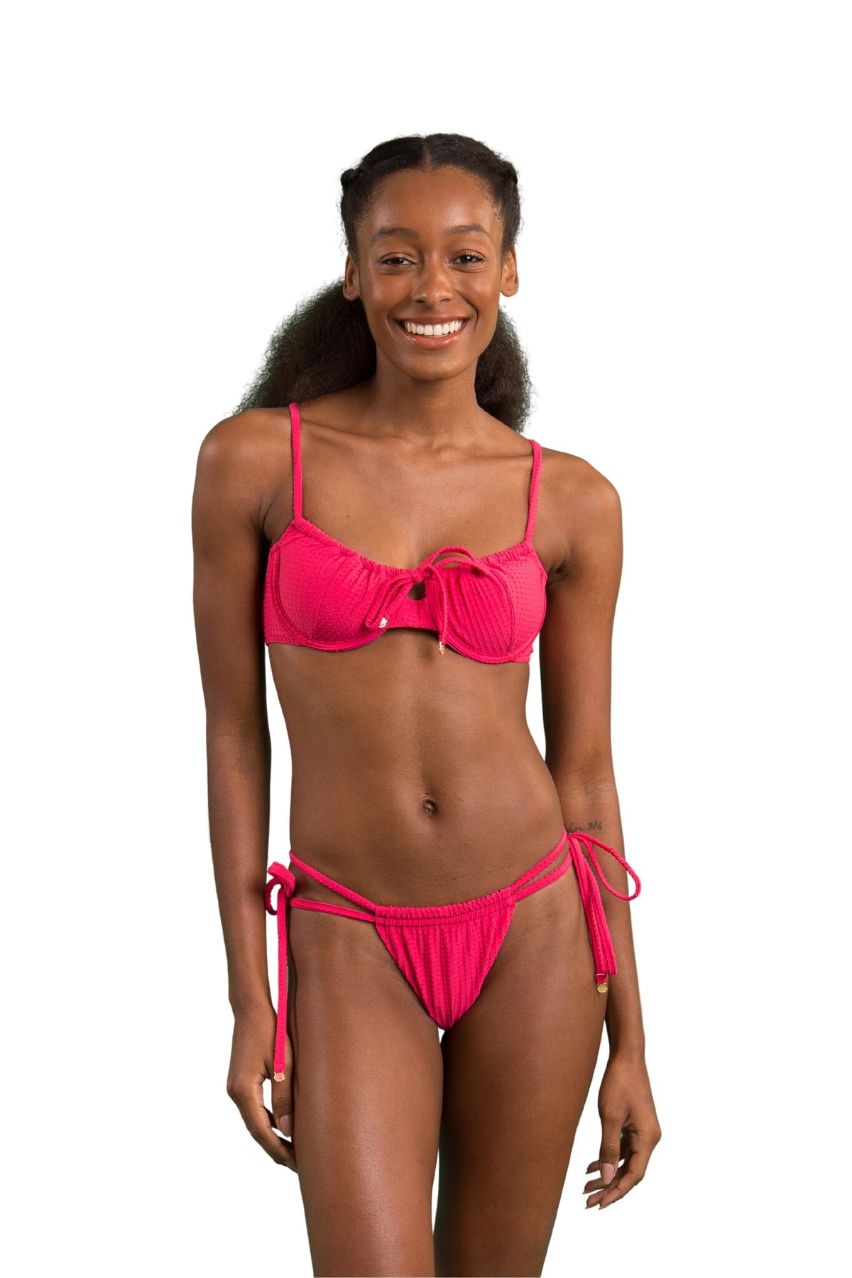 Model Front: Rio De Sol Two Piece Swimwear Set Dots-Virtual-Pink Balconet-Tie Pipa