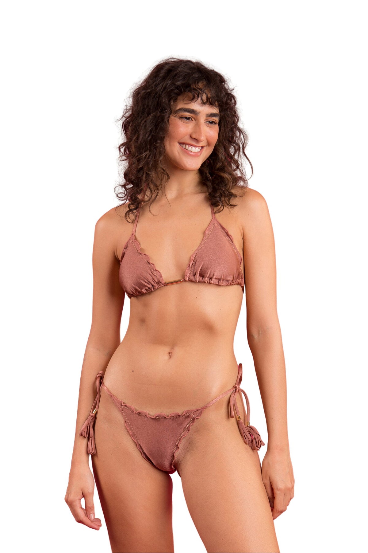 Model Front: Rio De Sol Bikini Bottoms Bottom Shimmer-Copper Frufru-Fio