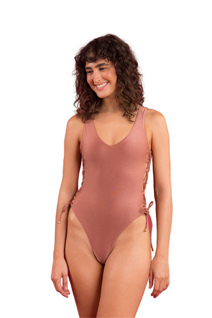 Model Front: Rio De Sol One Piece Swimsuits Shimmer-Copper Zoe