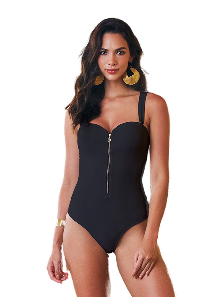 Model Front: Lua Morena One Piece Swimsuits Bandeau Ziper Preto