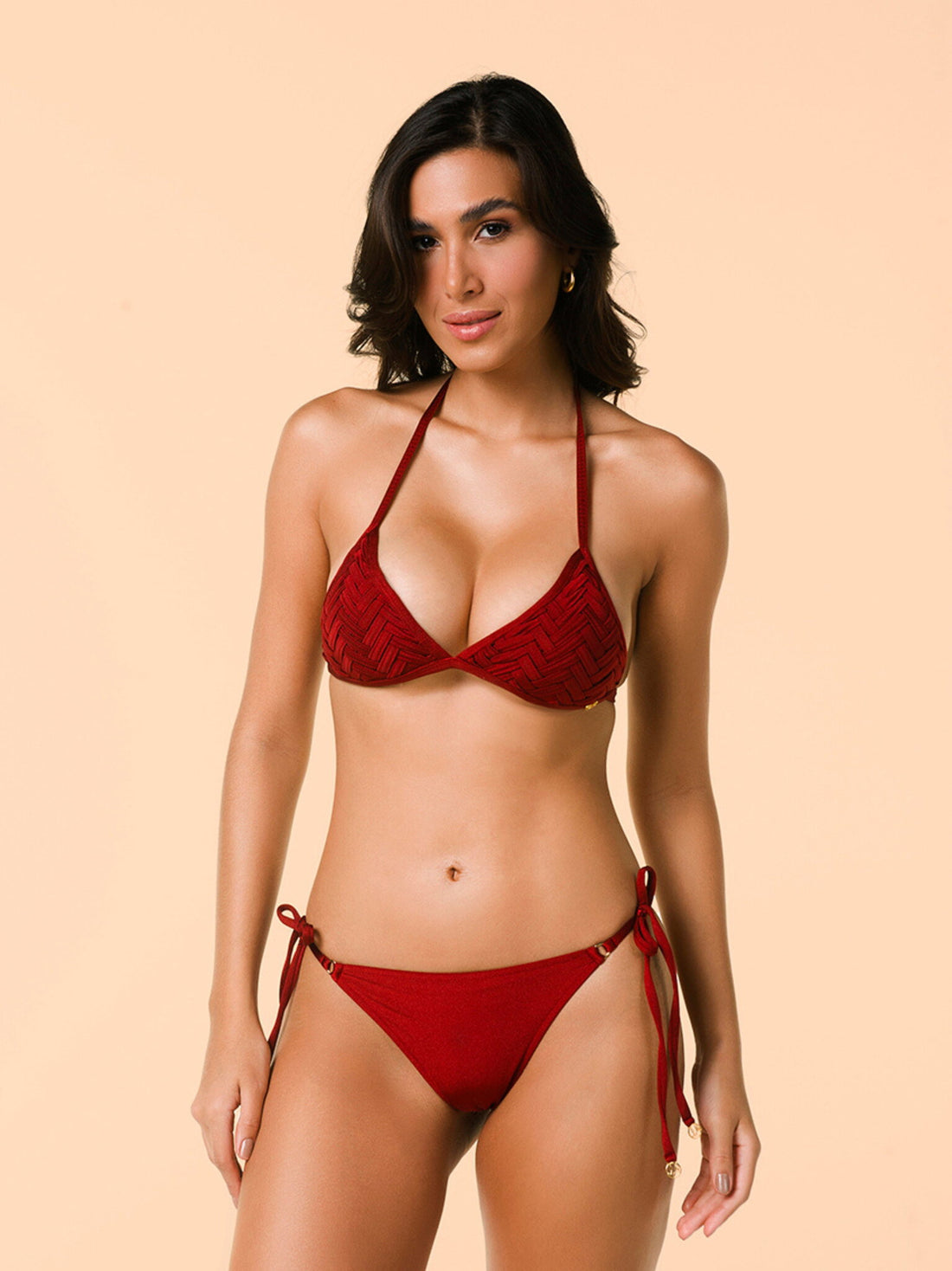 Model Front: Lua Morena Two Piece Swimwear Set Urucum Triangulo-Macrame Rolote