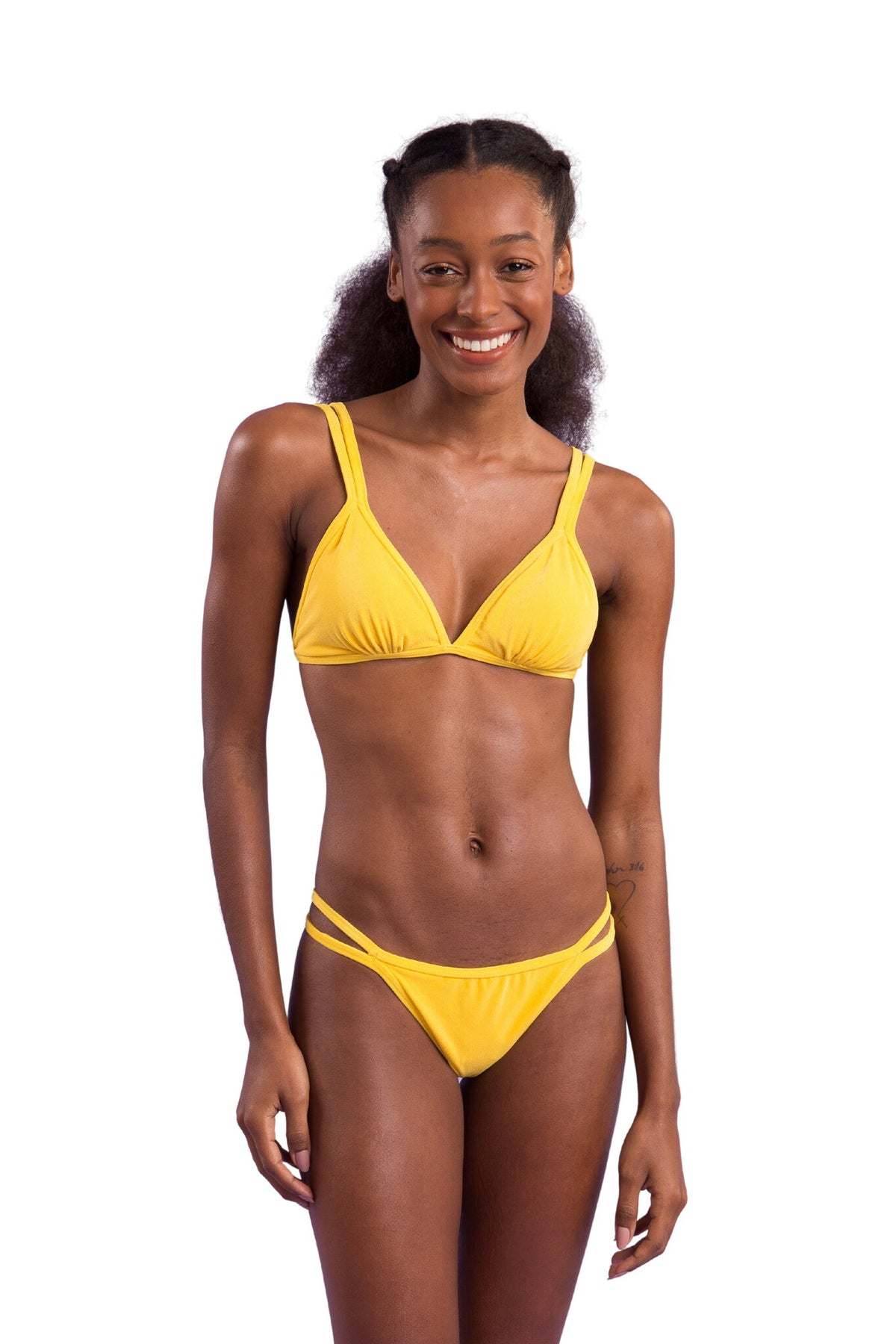 Model Front: Rio De Sol Two Piece Swimwear Set Malibu-Yellow Tri-Duo Mini-Duo