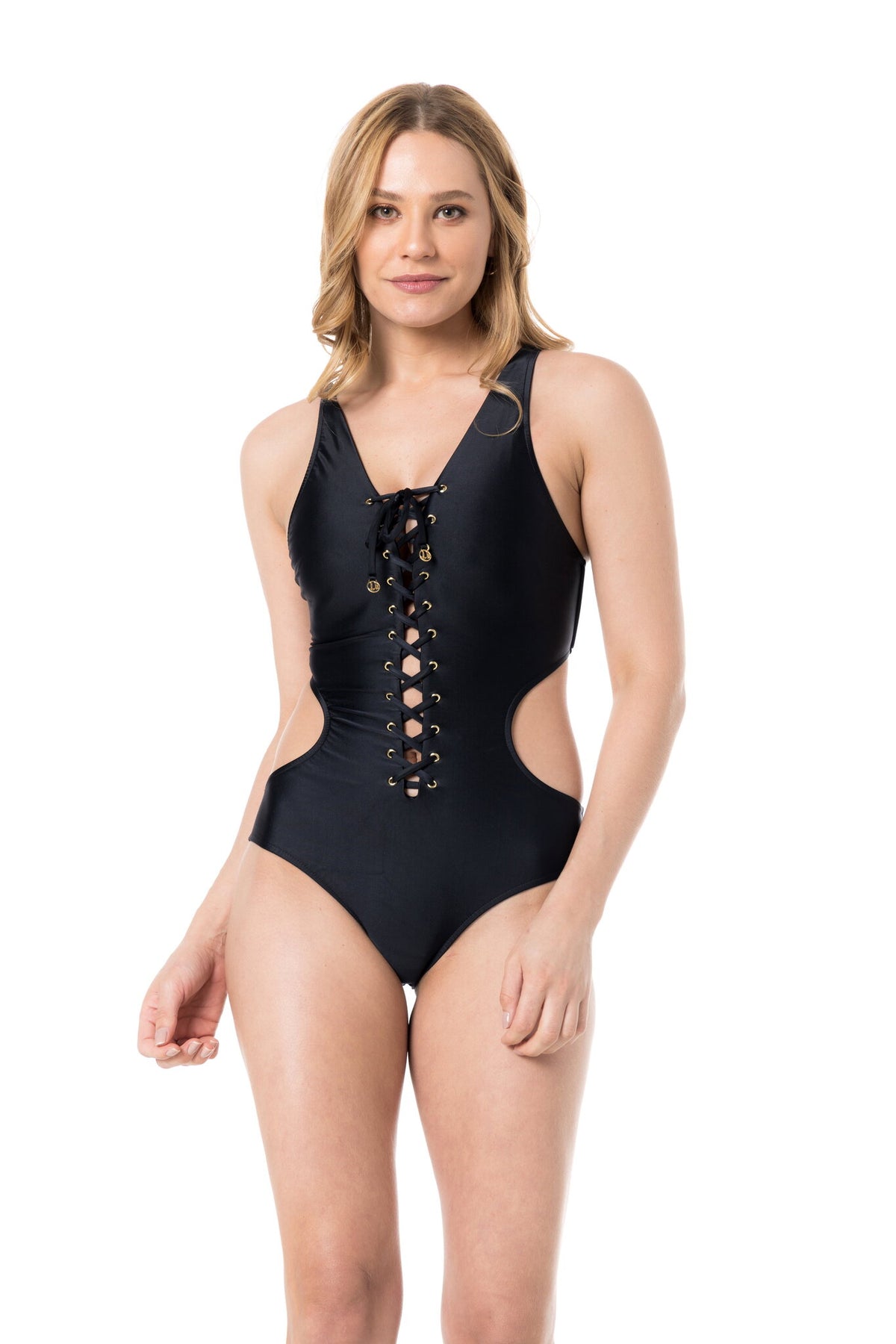 Model Front: Lua Morena One Piece Swimsuits Maio Ilhos Liso Preto
