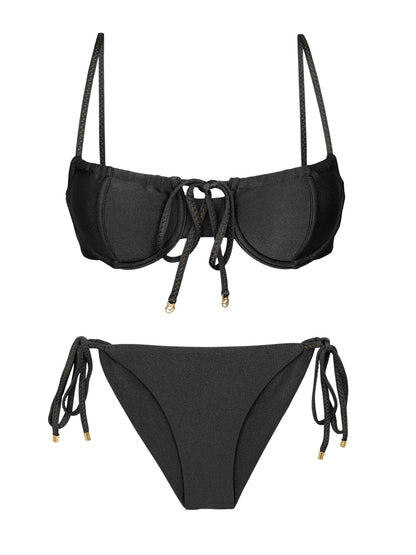 Product Front: Rio De Sol Two Piece Swimwear Set Shimmer-Black Balconet-Tie Cheeky-Tie-Gold